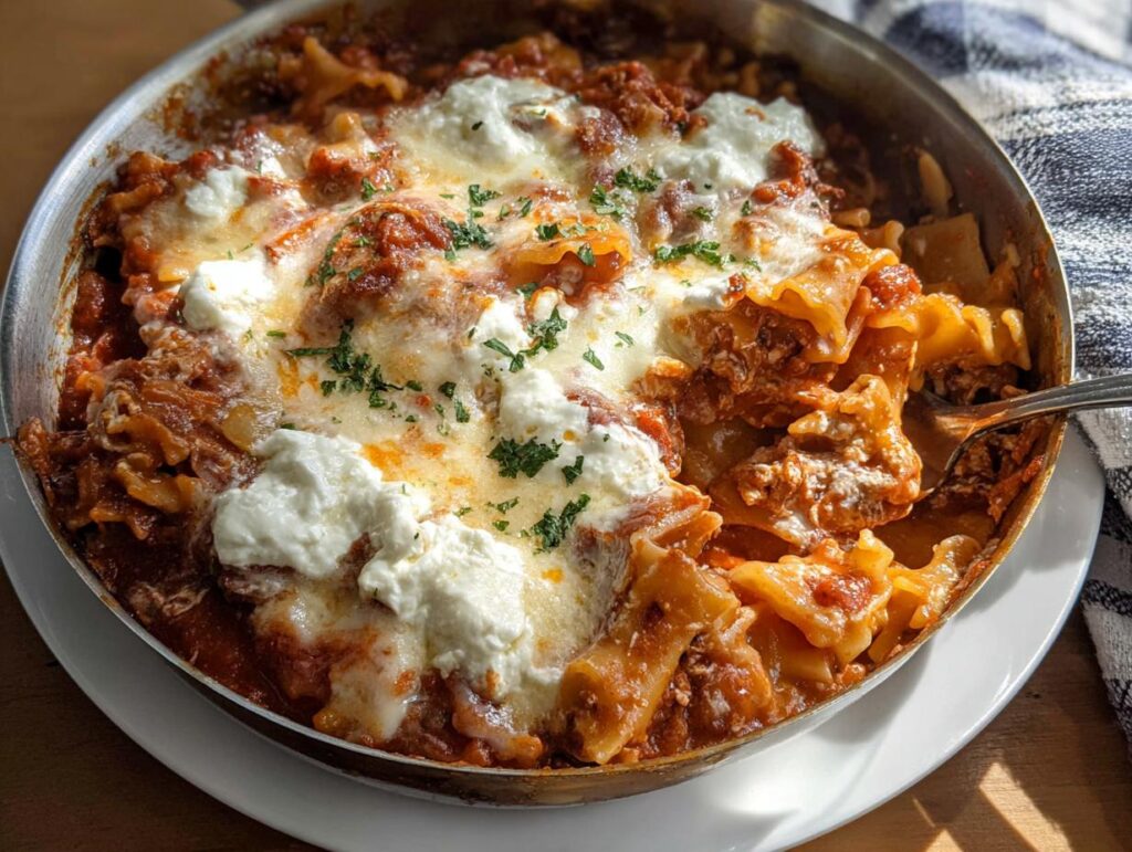 Close-up of Skillet Stovetop Lasagna with Ricotta cheese dollops and melted mozzarella, garnished with parsley.