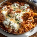 Close-up of Skillet Stovetop Lasagna with Ricotta cheese dollops and melted mozzarella, garnished with parsley.