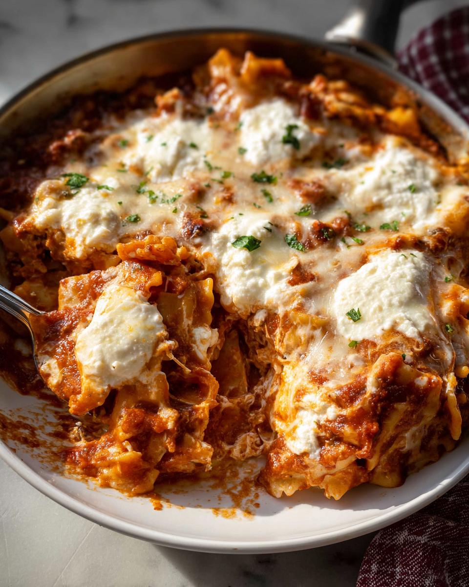 A spoonful being lifted from a skillet of cheesy Skillet Stovetop Lasagna with Ricotta, topped with melted cheese and parsley.
