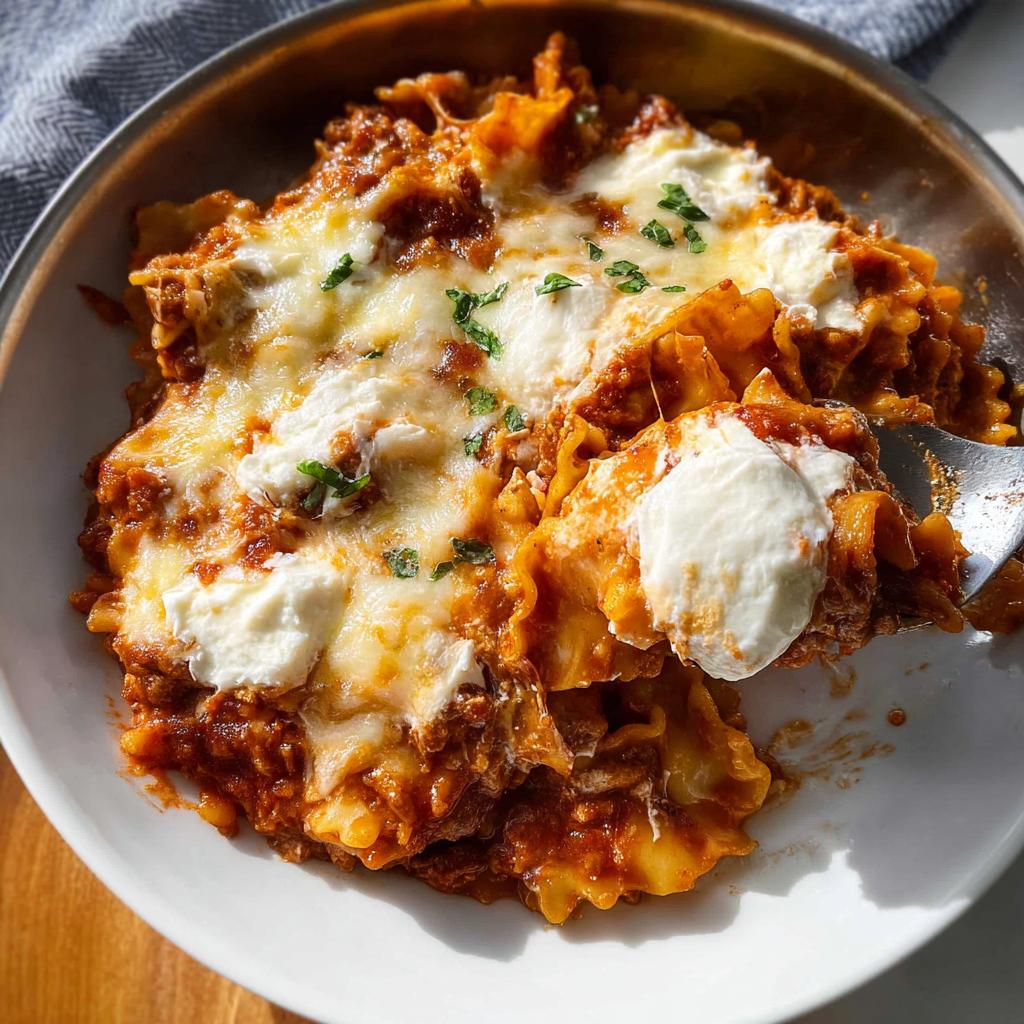A spoonful of cheesy Skillet Stovetop Lasagna with Ricotta being lifted from a white bowl.