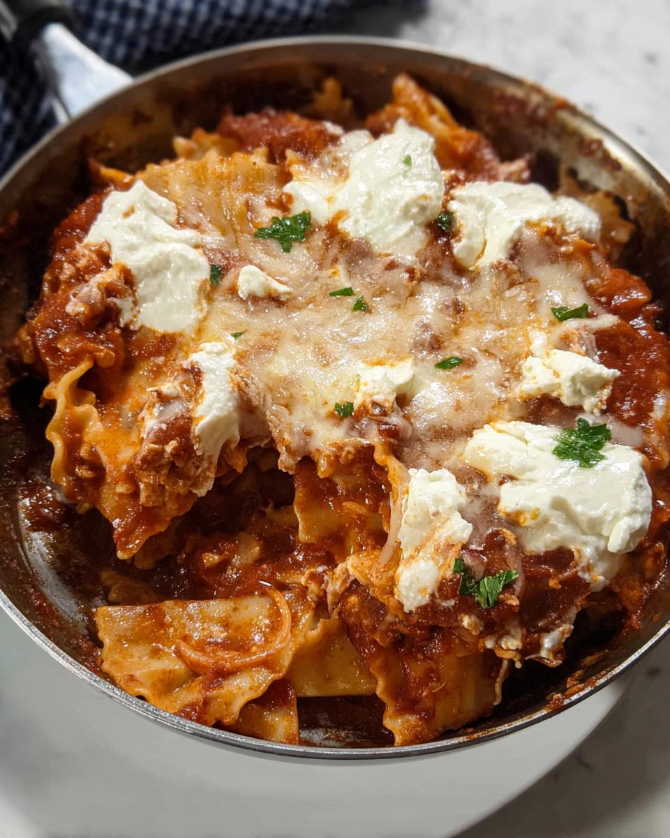 Close-up of bubbling Skillet Stovetop Lasagna with Ricotta, topped with melted mozzarella and dollops of fresh ricotta cheese.