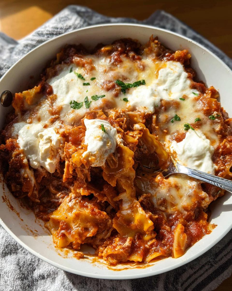 Close-up of Skillet Stovetop Lasagna with Ricotta dollops, melted cheese, and rich meat sauce.