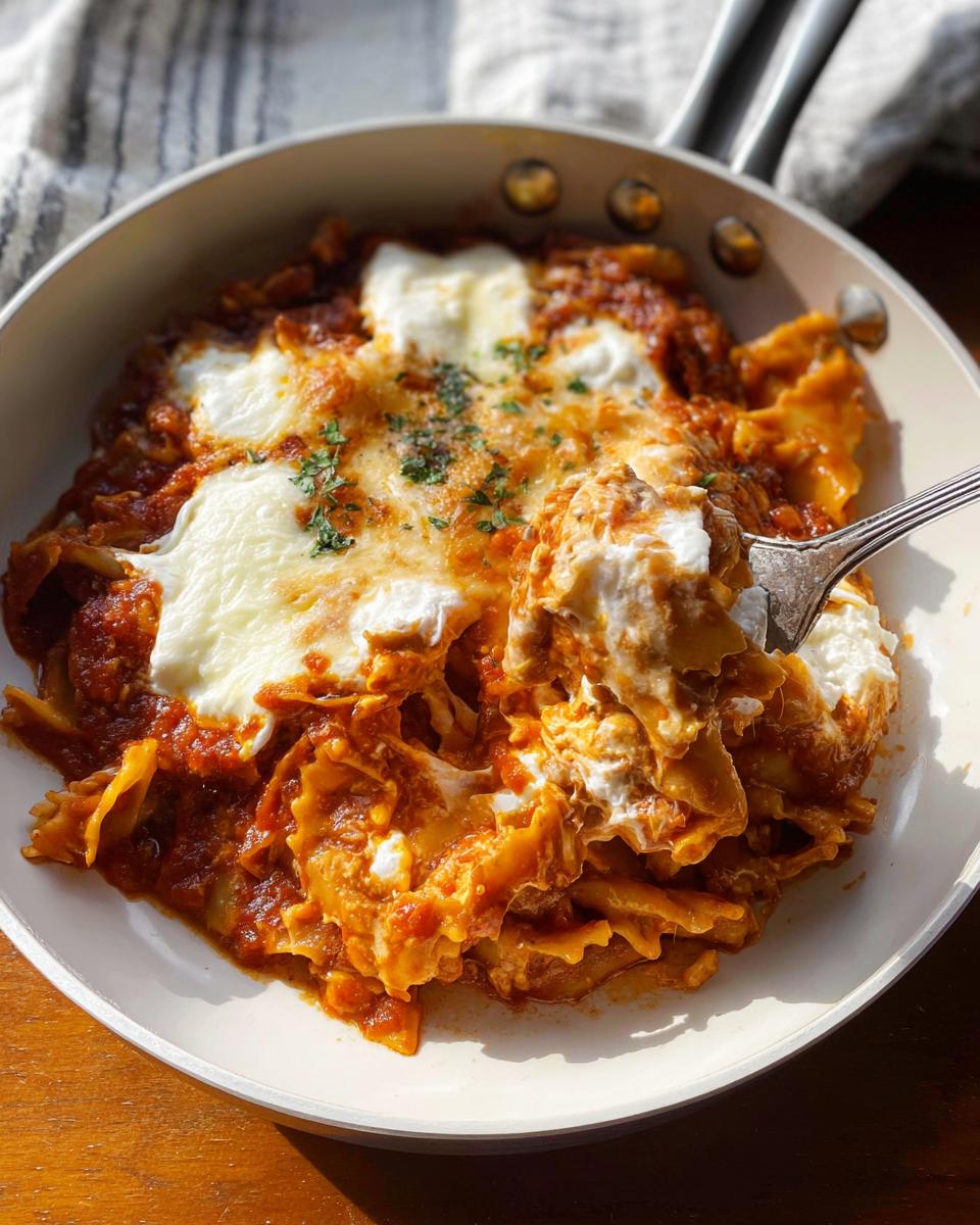 A fork lifting a cheesy bite from a Skillet Stovetop Lasagna with Ricotta topped with melted mozzarella.