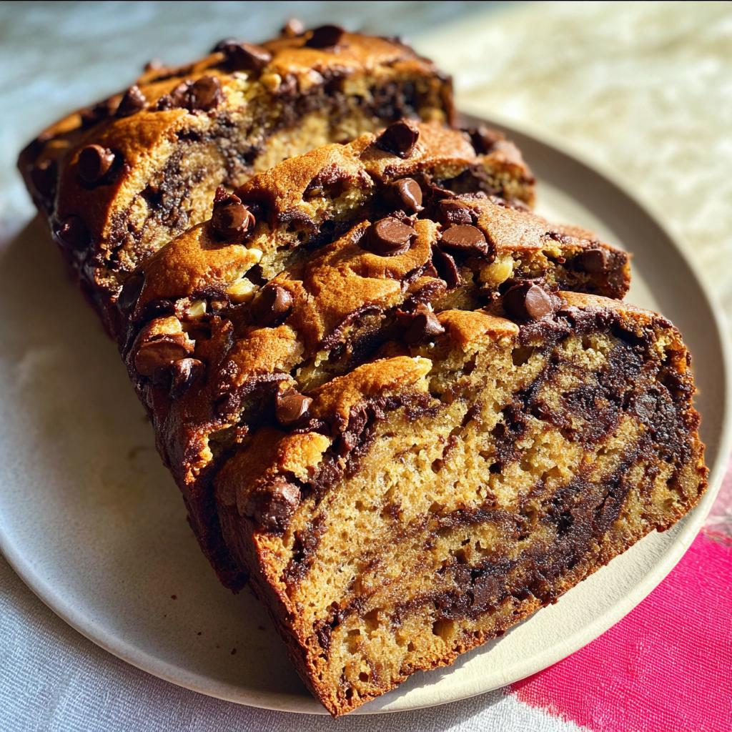 Slices of moist Brown Butter Banana Bread studded with chocolate chips and a visible swirl of chocolate filling.