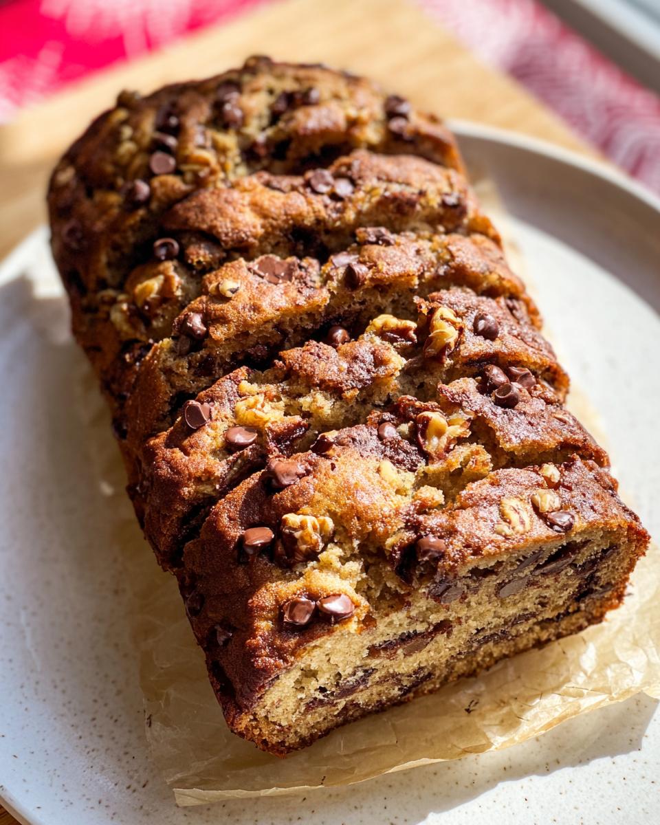 A loaf of freshly baked Brown Butter Banana Bread, sliced and topped with chocolate chips and walnuts.