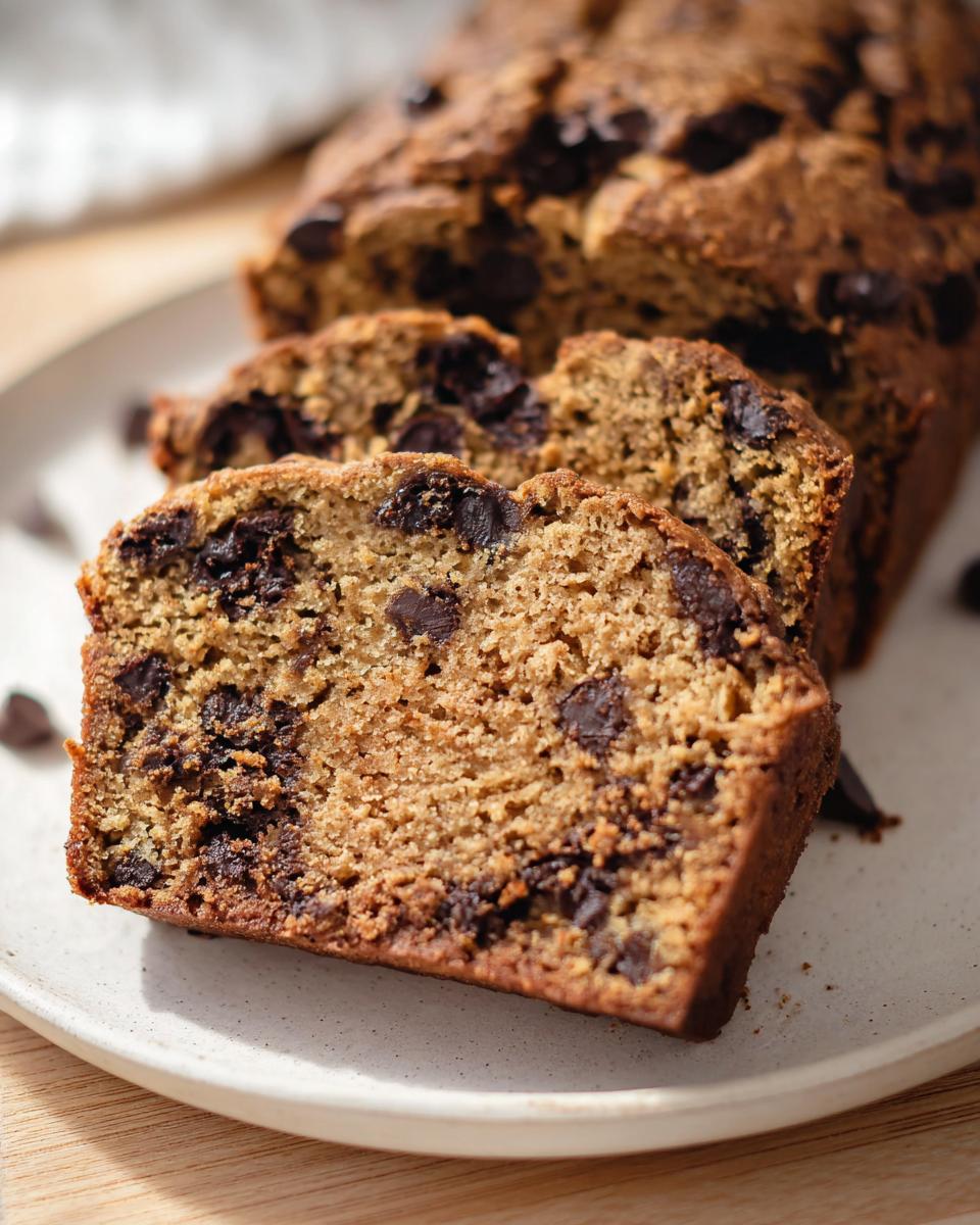 Close-up of moist Peanut Butter Banana Bread slices loaded with chocolate chips on a light plate.