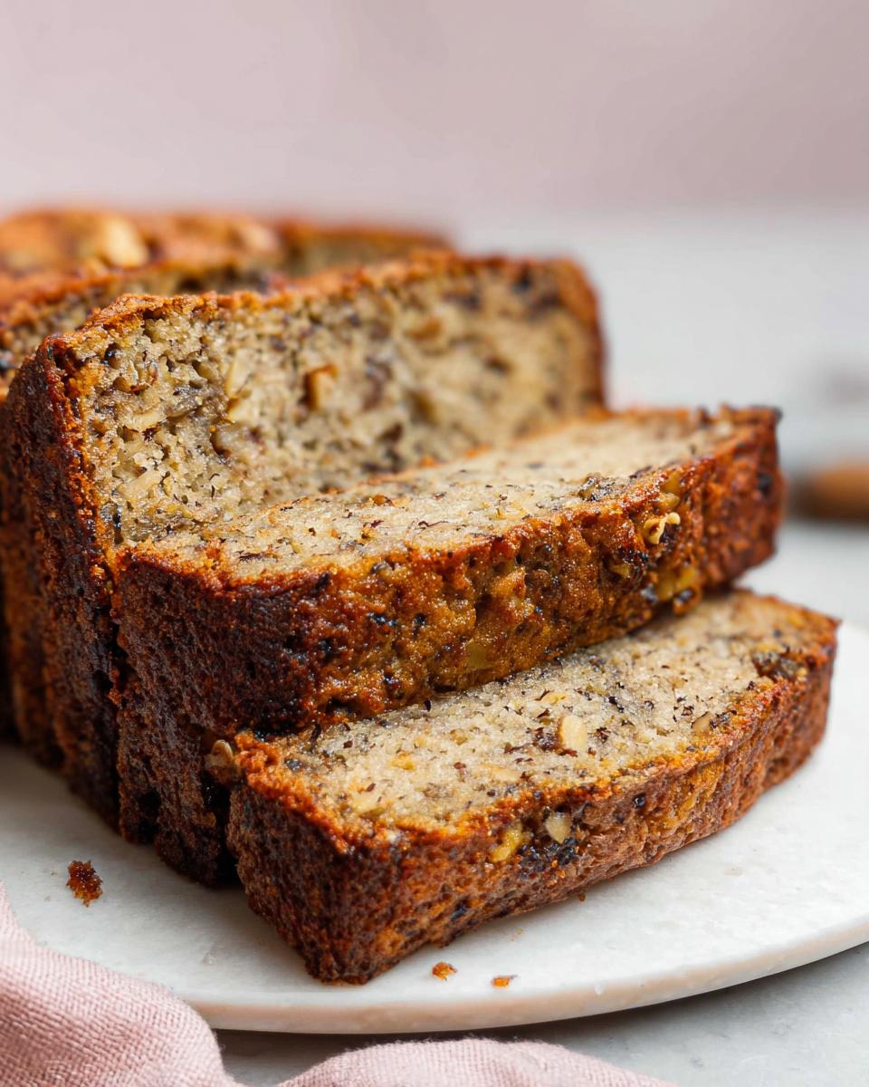 Close-up of thick slices of moist Banana Nut Bread with Walnuts stacked on a white plate.