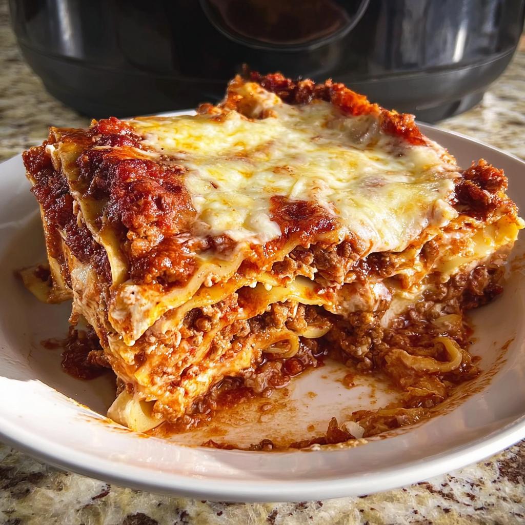 A generous slice of layered Slow Cooker Lasagna with Meat Sauce topped with melted cheese.