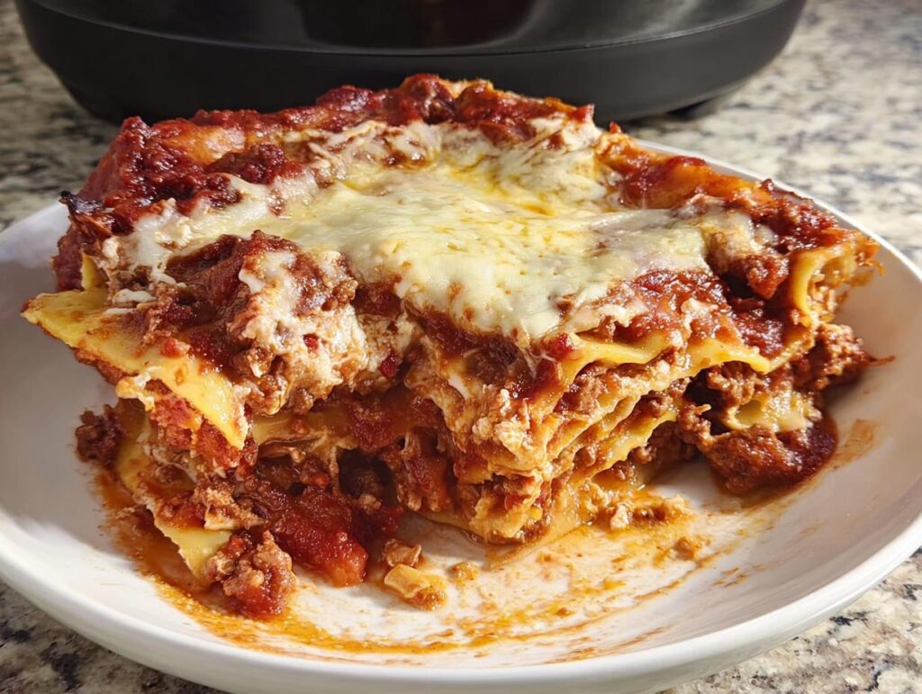 A generous slice of layered Slow Cooker Lasagna with Meat Sauce topped with melted cheese, served in a white bowl.