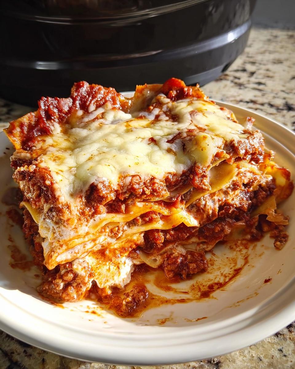 A generous slice of Slow Cooker Lasagna with Meat Sauce topped with melted cheese, served on a white plate.
