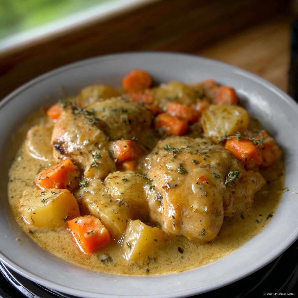 A bowl of creamy Slow Cooker Ranch Chicken Thighs served with chunks of potatoes and carrots, garnished with herbs.