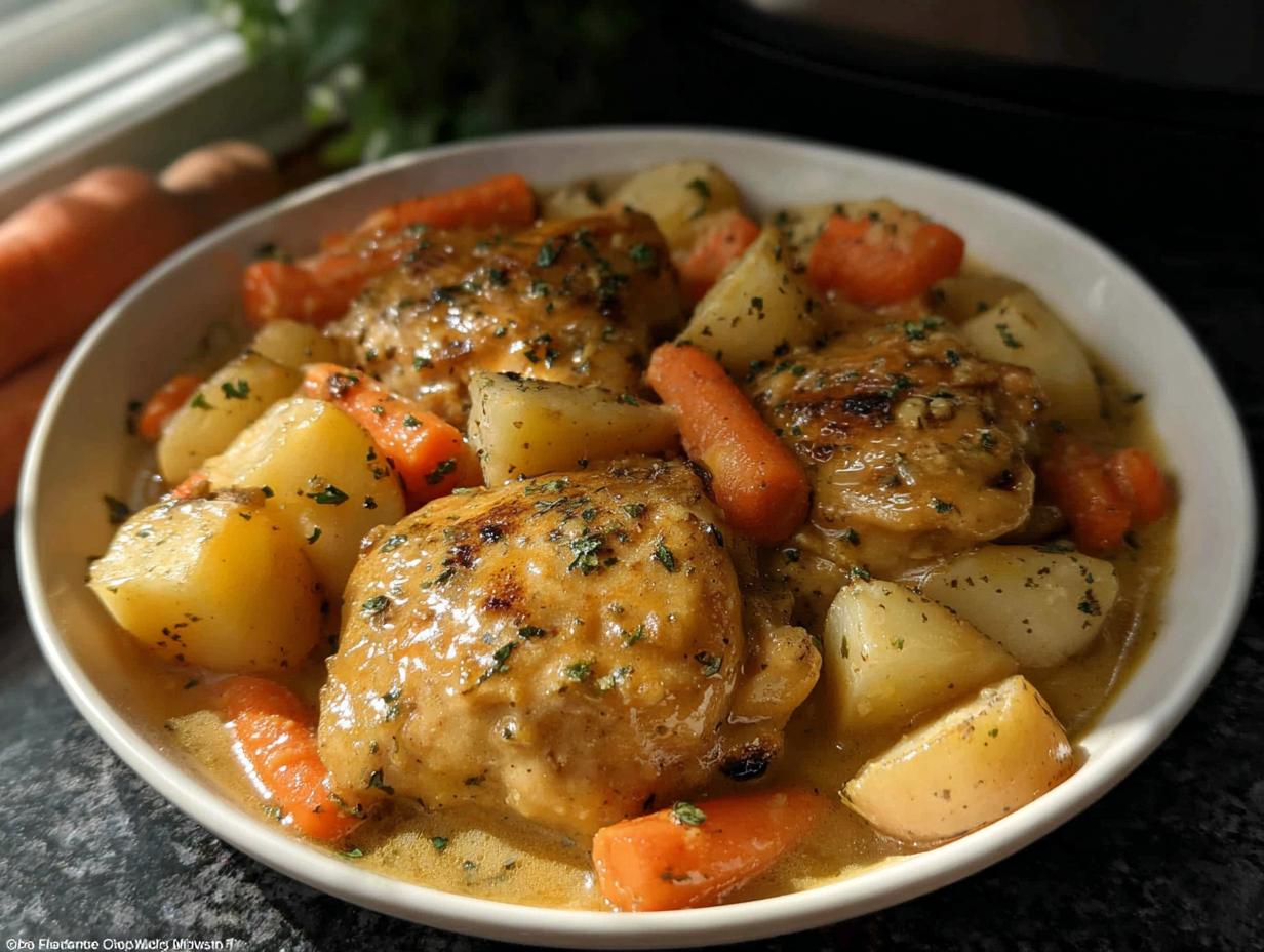 A white bowl filled with Slow Cooker Ranch Chicken Thighs, potatoes, and carrots in a creamy sauce, garnished with parsley.
