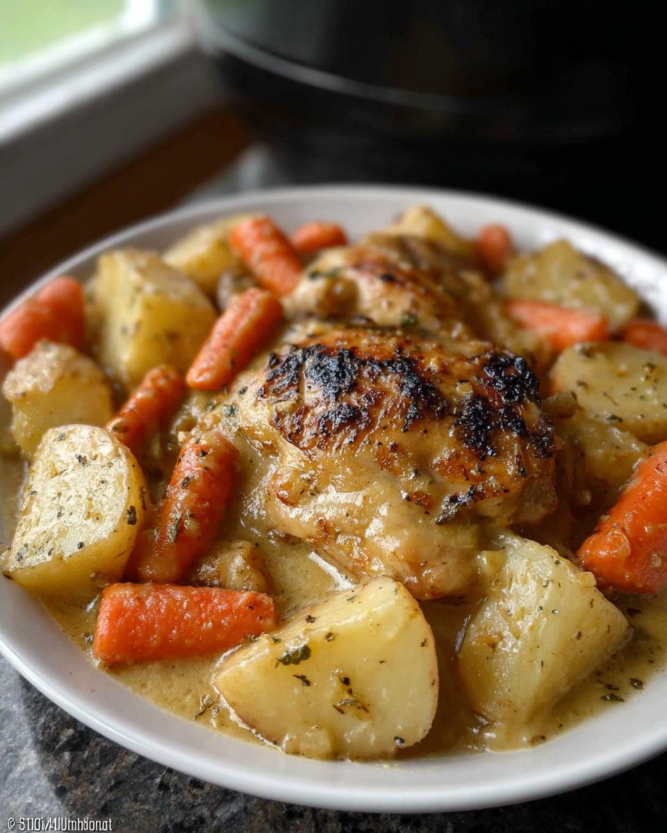 A serving of Slow Cooker Ranch Chicken Thighs with roasted potatoes and carrots in a creamy sauce.