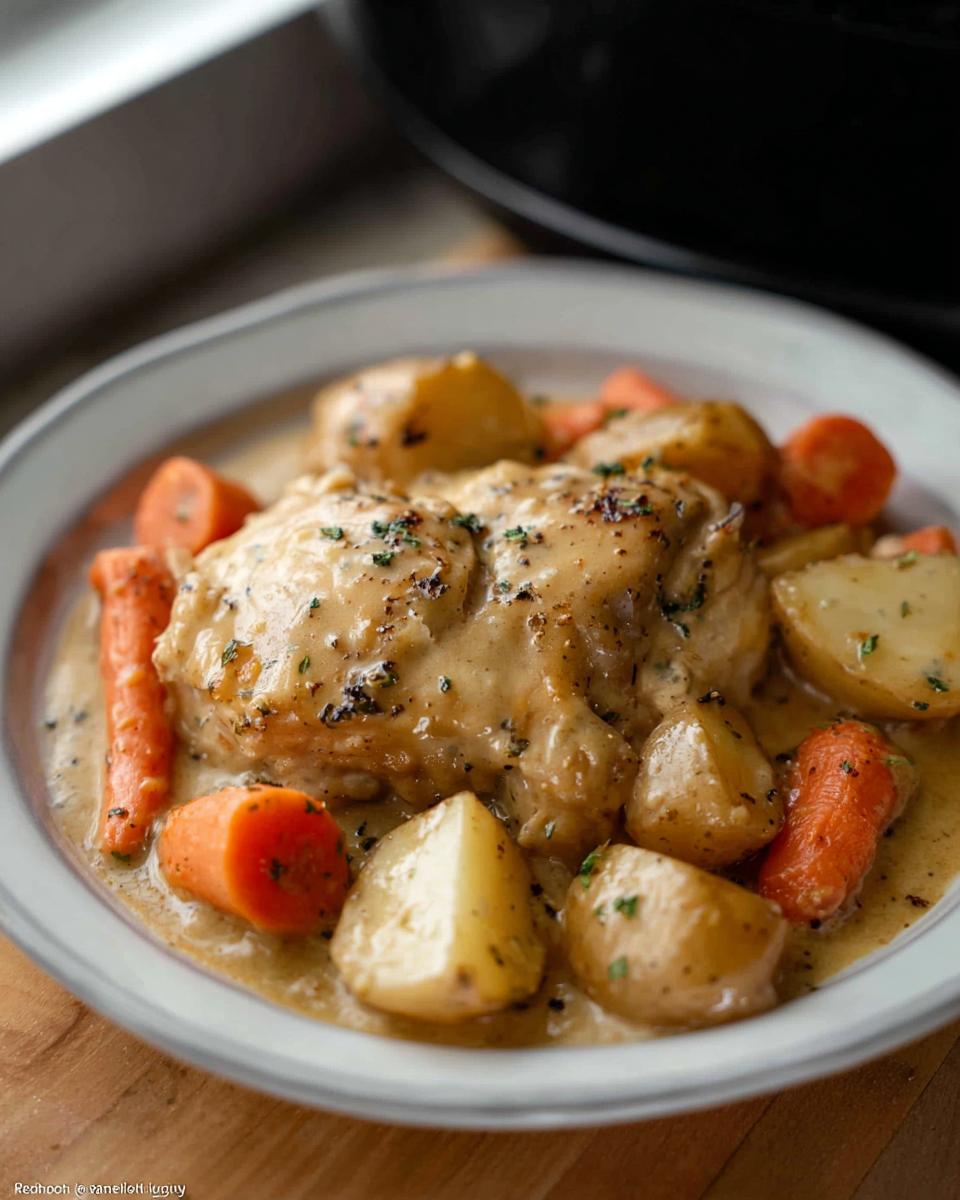 A serving of Slow Cooker Ranch Chicken Thighs smothered in creamy sauce with potatoes and carrots.