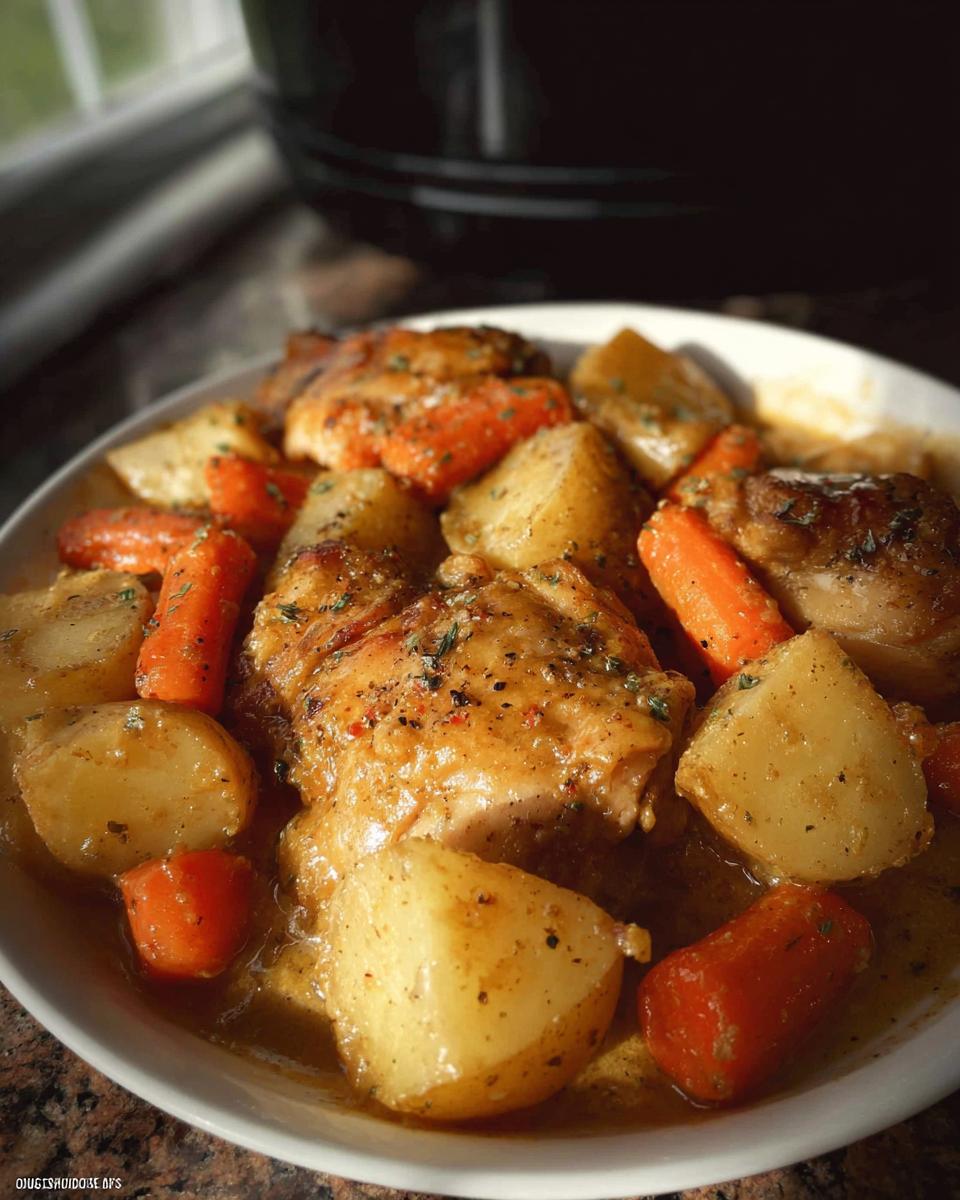 Close-up of Slow Cooker Ranch Chicken Thighs served with chunks of potatoes and carrots in a savory sauce.