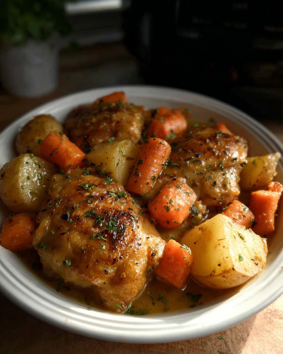 A close-up of tender Slow Cooker Ranch Chicken Thighs served with chunks of potatoes and carrots in a savory sauce.