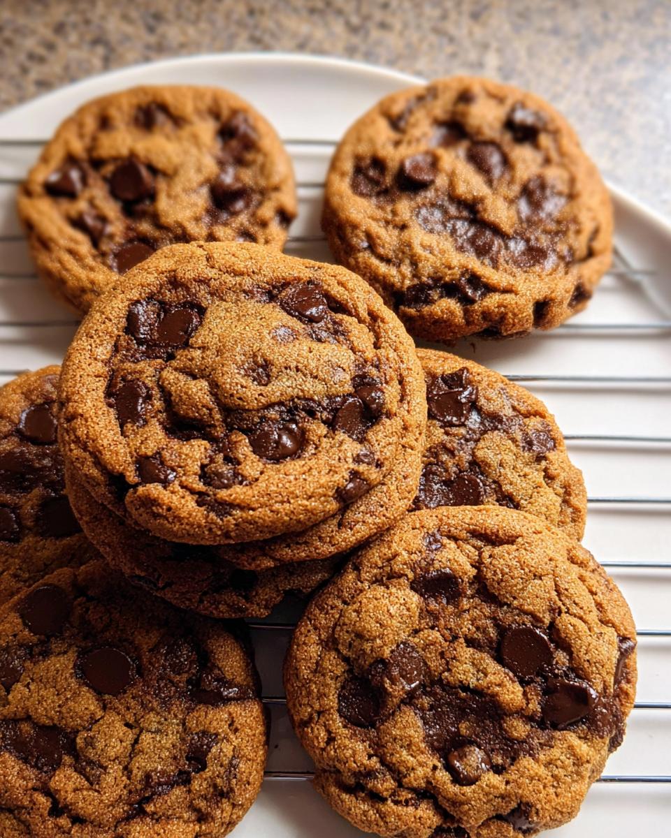 A stack and arrangement of freshly baked Small Batch Chocolate Chip Cookies for Two cooling on a wire rack.