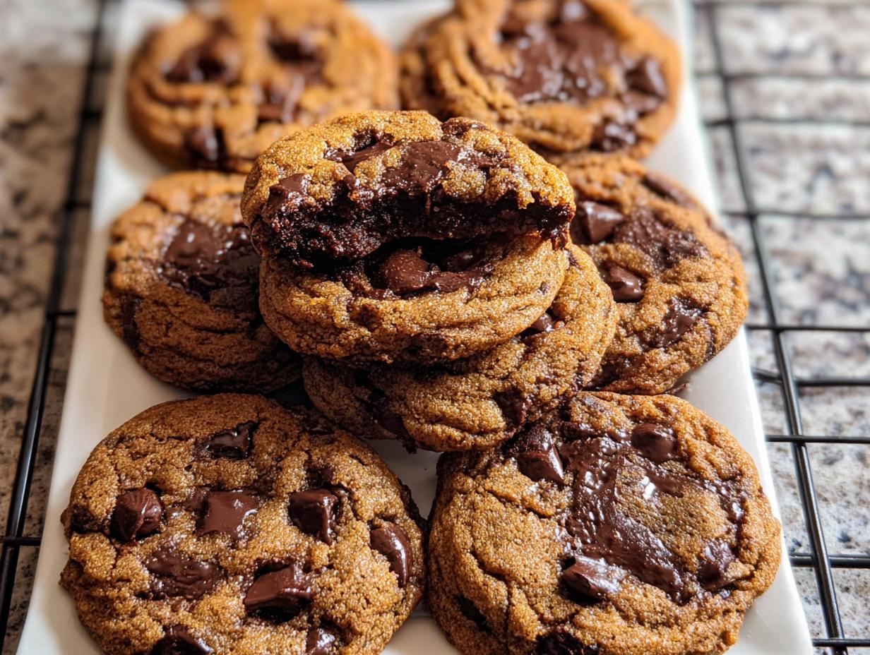 A stack of warm Small Batch Chocolate Chip Cookies with gooey, melted chocolate centers on a white plate.