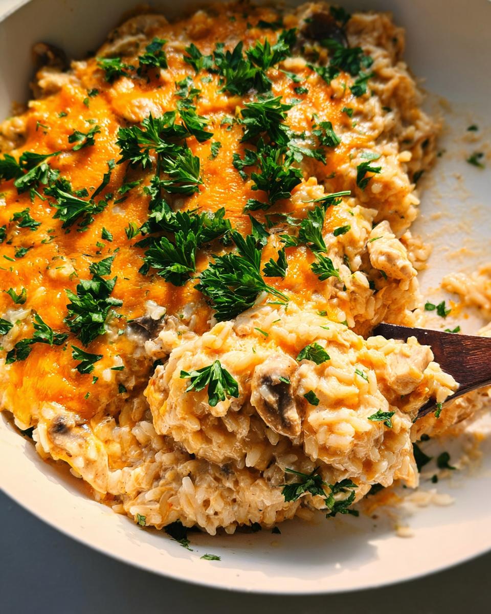 Close-up of creamy Smothered Chicken and Rice Skillet topped with melted cheddar cheese and fresh parsley.