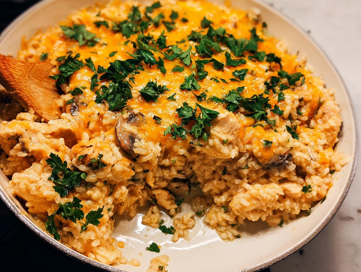 Close-up of creamy Smothered Chicken and Rice Skillet topped with melted cheddar cheese and fresh parsley.