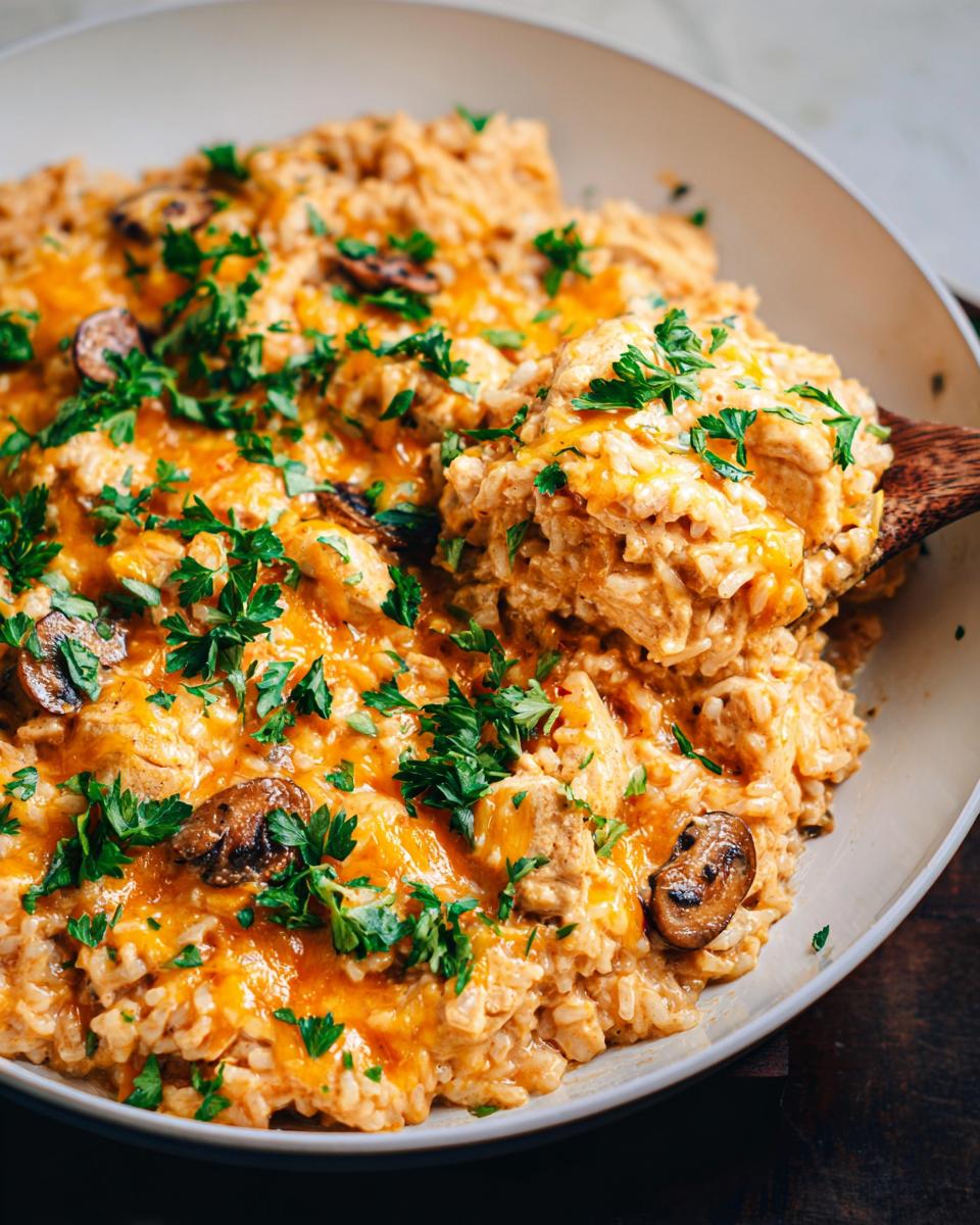 A wooden spoon lifts a scoop of creamy Smothered Chicken and Rice Skillet topped with melted cheese and parsley.