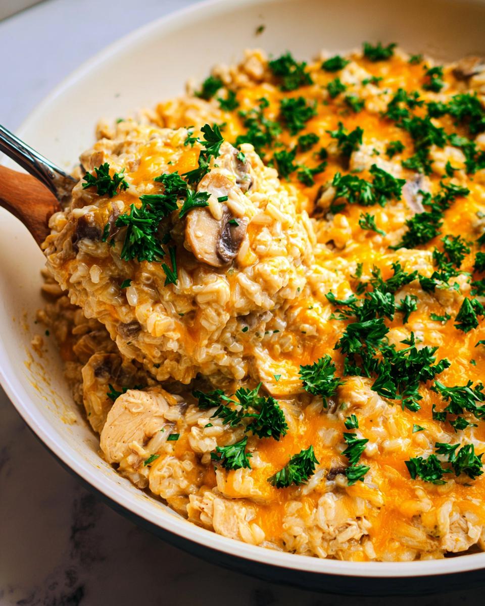 A spoonful of creamy Smothered Chicken and Rice Skillet lifted from the pan, showing melted cheese strings.