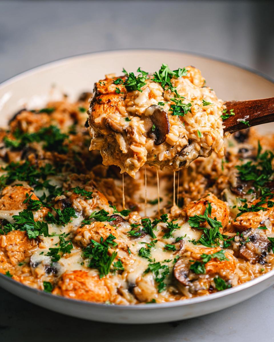 A spoonful of creamy Smothered Chicken and Rice Skillet lifted from the pan, showing melted cheese strings.