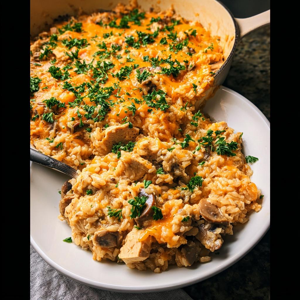 A serving of creamy Smothered Chicken and Rice Skillet topped with melted cheddar cheese and fresh parsley.