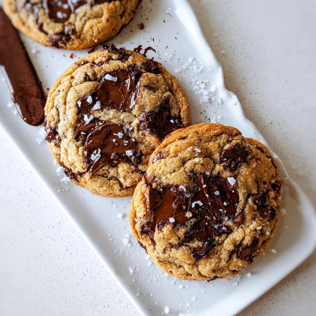 Close-up of two Soft and Chewy Brown Butter Chocolate Chip Cookies topped with flaky sea salt.