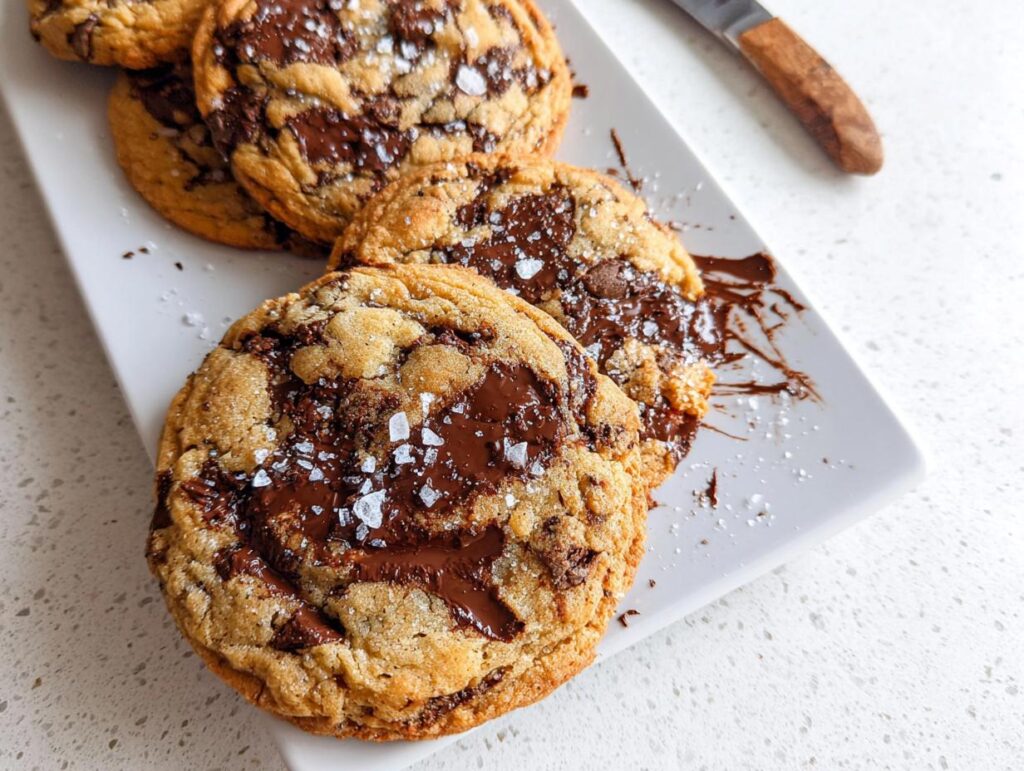 Close-up of several Soft and Chewy Brown Butter Chocolate Chip Cookies topped with flaky sea salt.