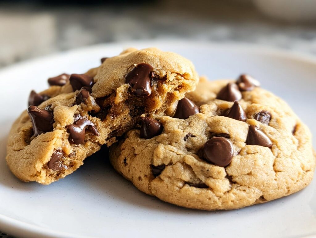 Two soft Peanut Butter Chocolate Chip Cookies on a white plate, one broken in half showing the gooey center.