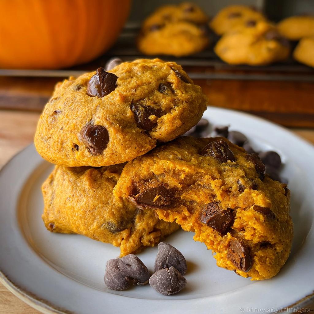 A stack of three soft pumpkin chocolate chip cookies, one broken open to show the gooey center.