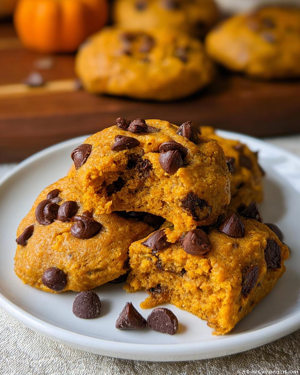 A stack of incredibly soft pumpkin chocolate chip cookies, one broken open to show the texture.