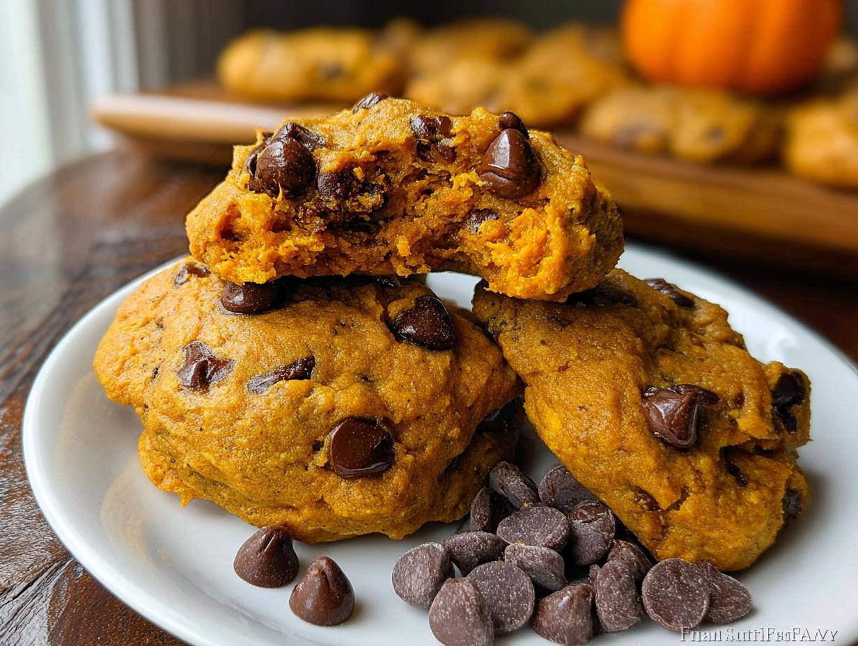 A stack of three Soft Pumpkin Chocolate Chip Cookies on a white plate with loose chocolate chips.