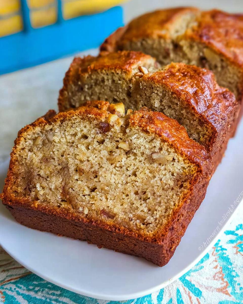 Close-up of a sliced loaf of moist Sour Cream Banana Bread with visible nuts on a white plate.