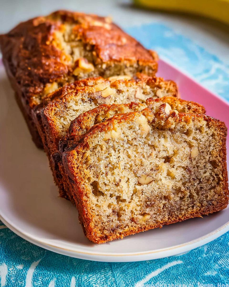 Slices of moist Sour Cream Banana Bread topped with walnuts displayed on a white and pink plate.