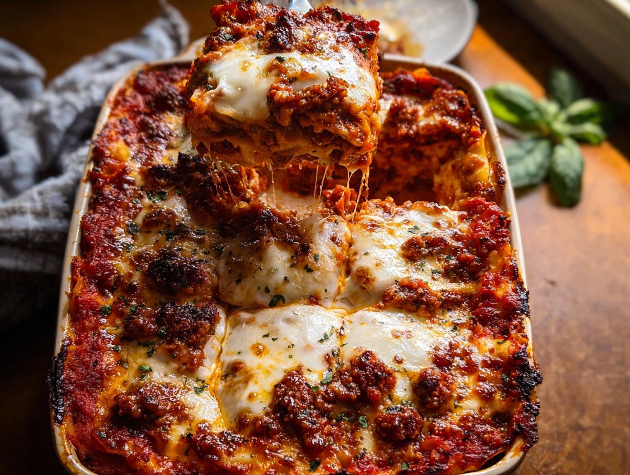 A serving utensil lifts a cheesy slice from a pan of bubbling Spicy Sausage and Ricotta Lasagna, showing long cheese pulls.