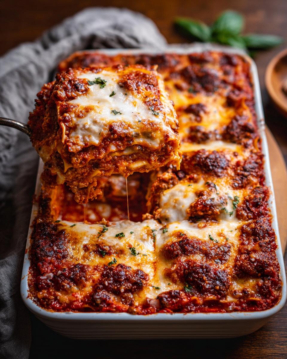 A serving spoon lifts a cheesy, saucy slice from a pan of Spicy Sausage and Ricotta Lasagna.