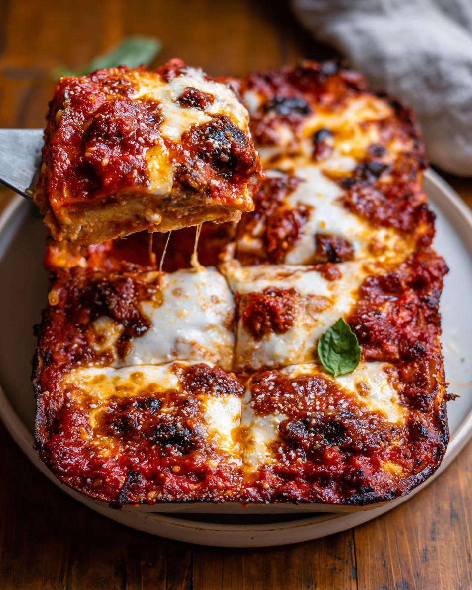 A spatula lifts a cheesy, saucy square slice of Spicy Sausage and Ricotta Lasagna from the pan.