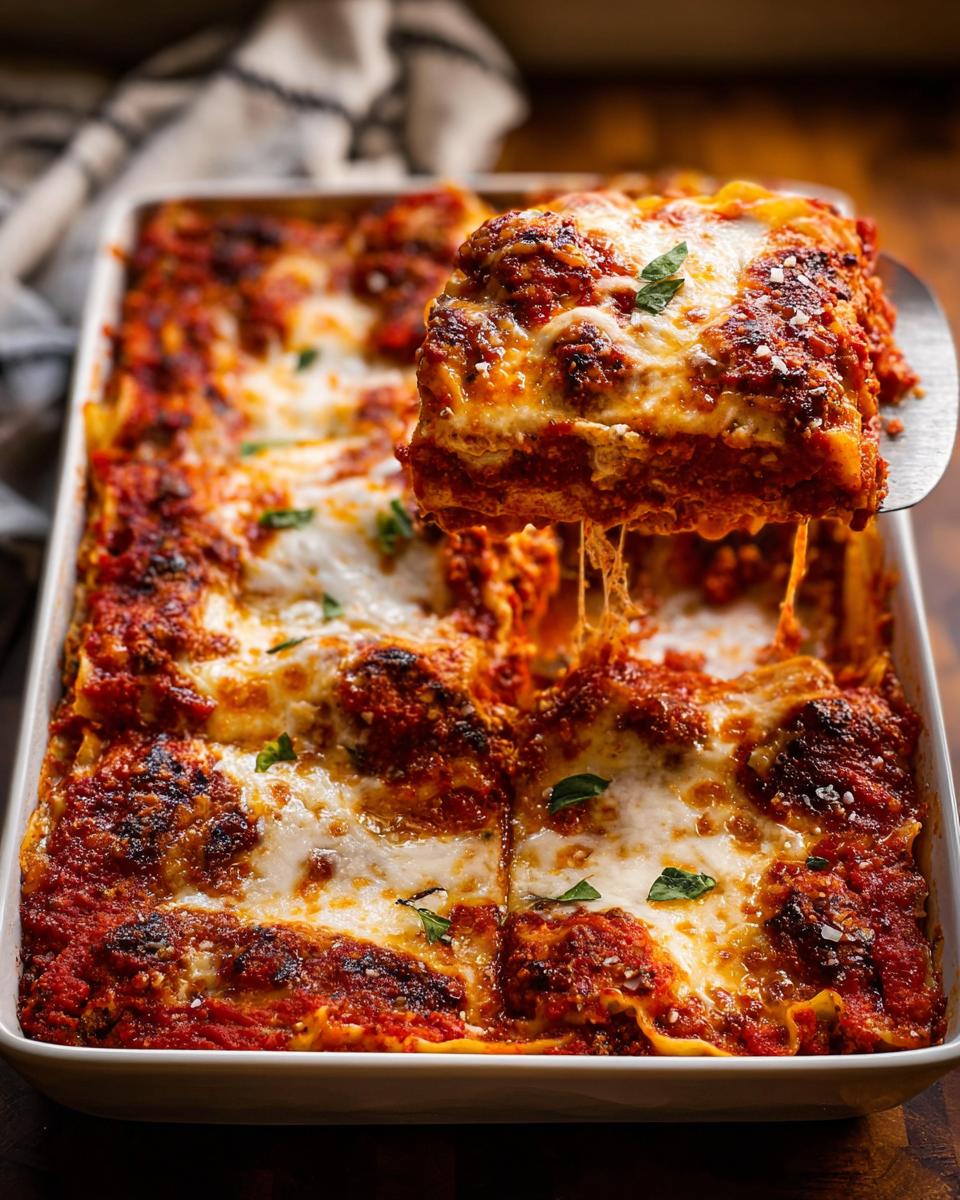 A spatula lifts a cheesy, saucy slice of Spicy Sausage and Ricotta Lasagna from the baking dish.
