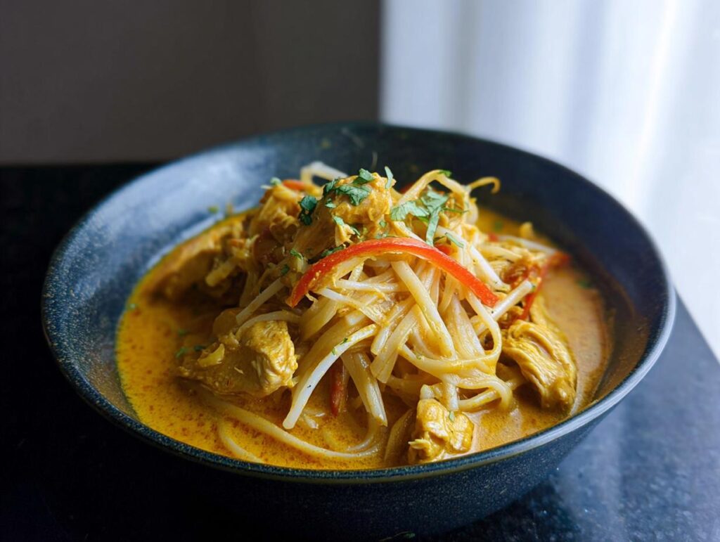 A close-up of a dark bowl filled with Spicy Thai Coconut Curry Noodle Soup, featuring yellow curry broth, noodles, chicken, and bean sprouts.