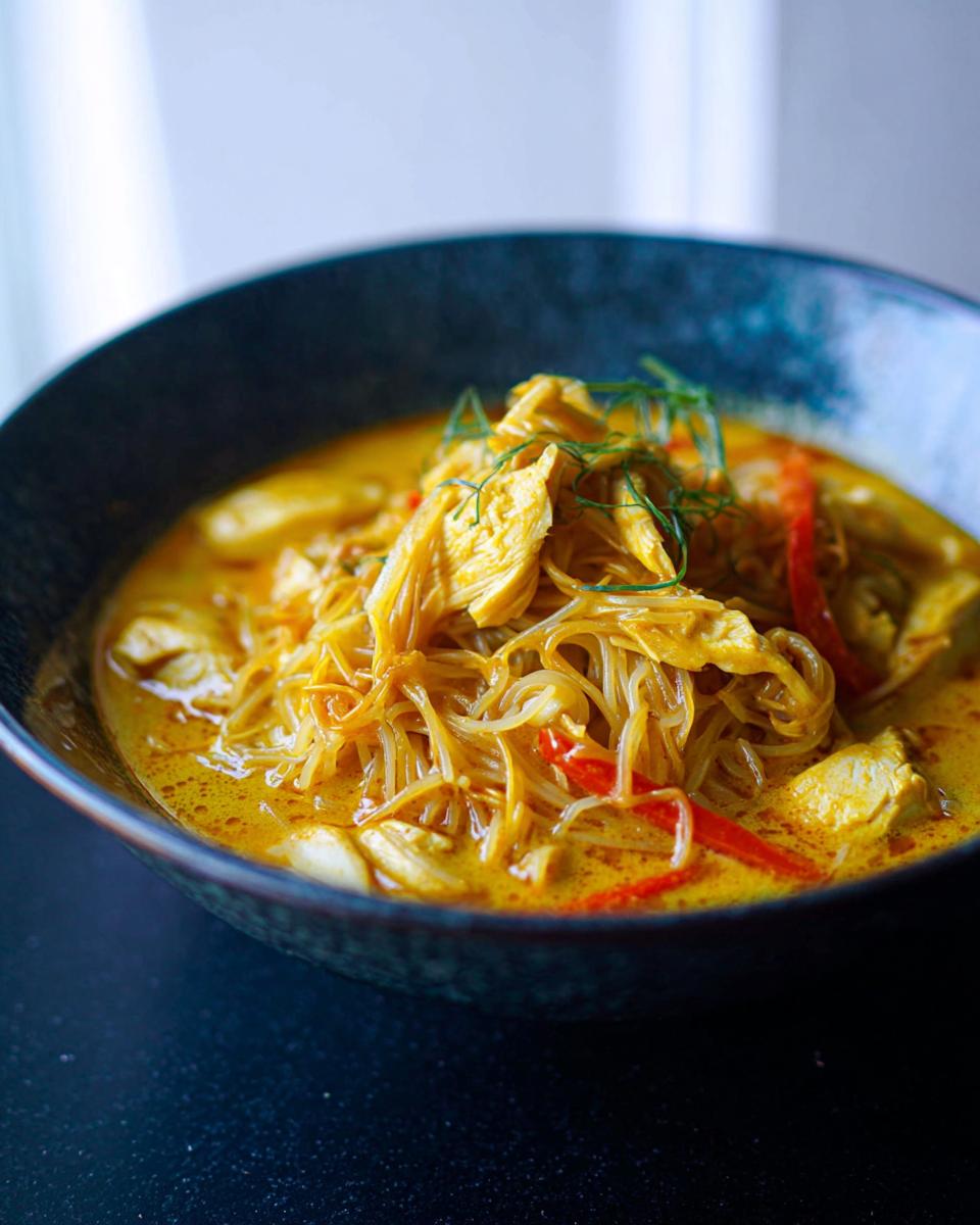 Close-up of a dark bowl filled with Spicy Thai Coconut Curry Noodle Soup, featuring yellow broth, noodles, chicken, and red pepper slices.