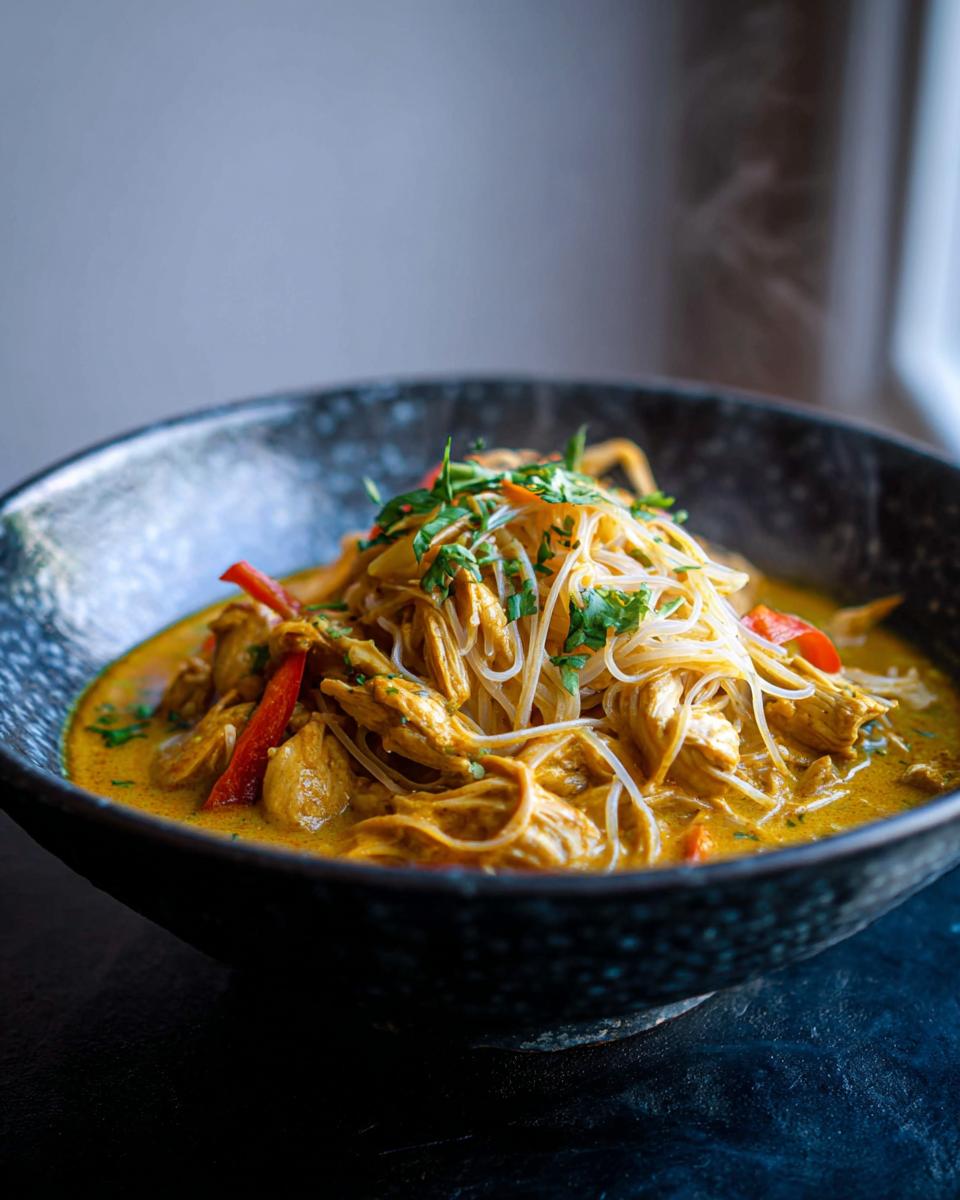 Close-up of Spicy Thai Coconut Curry Noodle Soup with shredded chicken, rice noodles, and red peppers, garnished with herbs.
