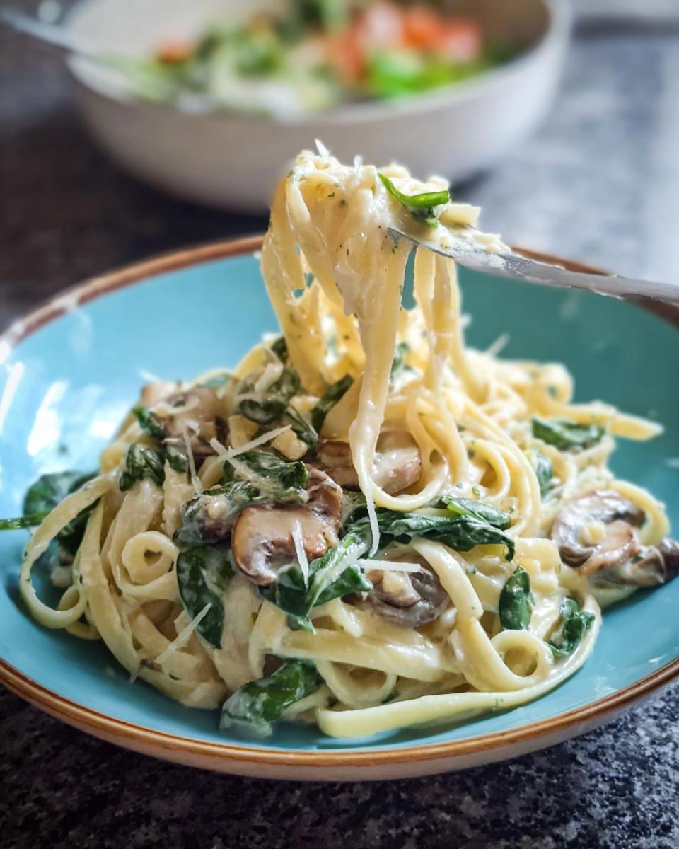 Close-up of fettuccine being lifted from a bowl of Spinach and Mushroom Alfredo Pasta, showing creamy sauce, spinach, and sliced mushrooms.