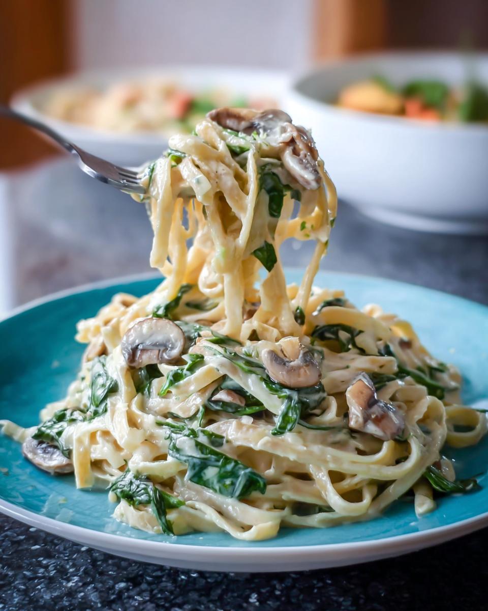 A fork lifting creamy fettuccine coated in sauce, spinach, and mushrooms from a plate of Spinach and Mushroom Alfredo Pasta.