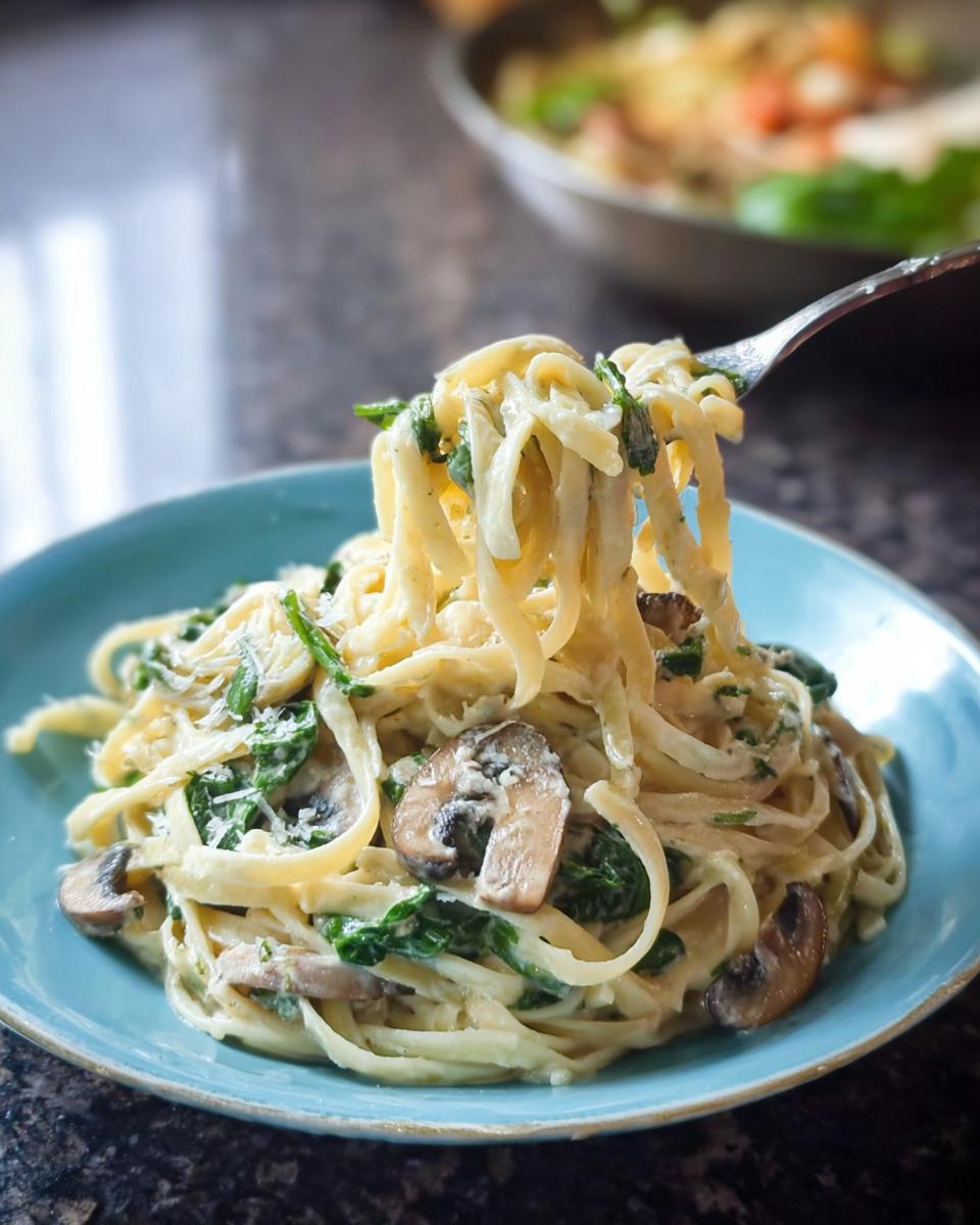 A fork lifting creamy fettuccine noodles coated in sauce, spinach, and mushrooms, part of the Spinach and Mushroom Alfredo Pasta.