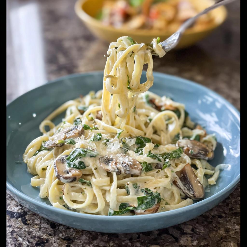 A fork lifting creamy fettuccine from a blue bowl of Spinach and Mushroom Alfredo Pasta, topped with parmesan.
