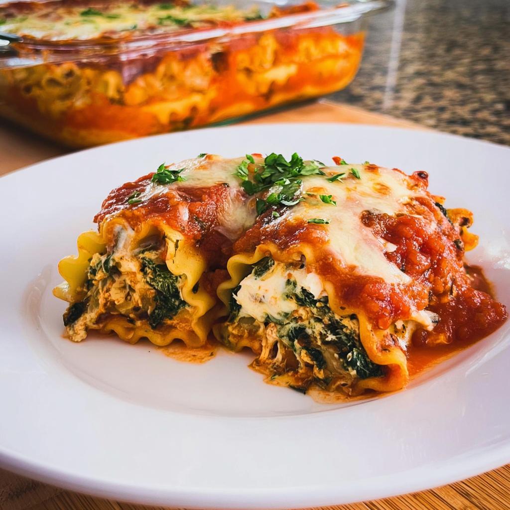 Two Spinach and Mushroom Lasagna Roll Ups covered in marinara sauce and melted cheese on a white plate.