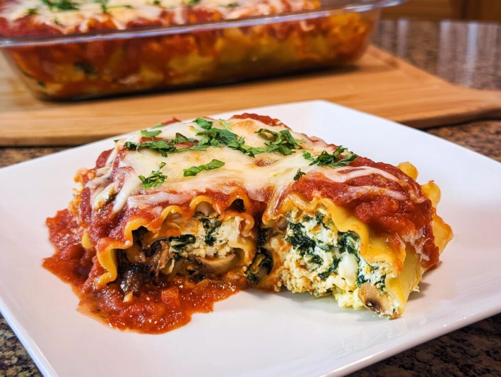 Two servings of Spinach and Mushroom Lasagna Roll Ups covered in melted cheese and marinara sauce.