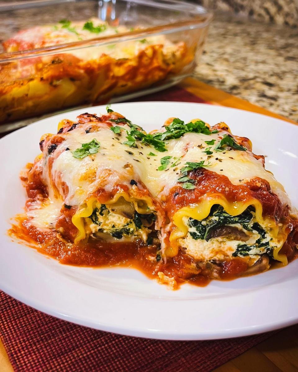 Two Spinach and Mushroom Lasagna Roll Ups covered in melted cheese and marinara sauce on a white plate.